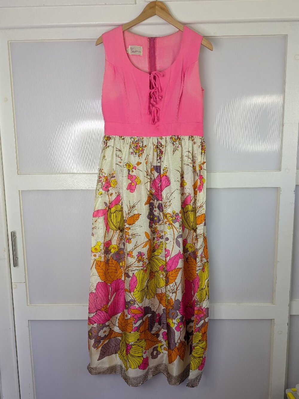 Vintage Pink Multicolor Floral Print Dress Keyloun Tie Bodice Size Medium AS IS